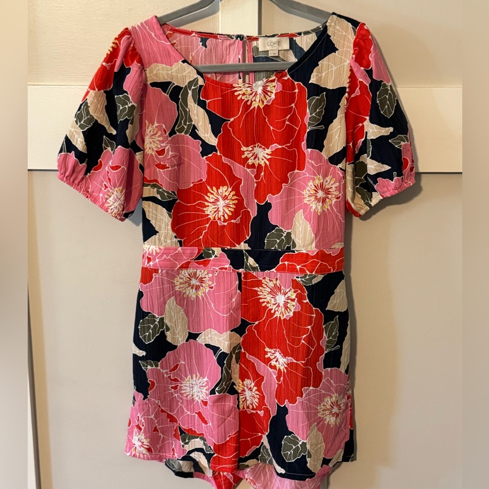 LOFT Red and Pink Floral Romper With Pockets